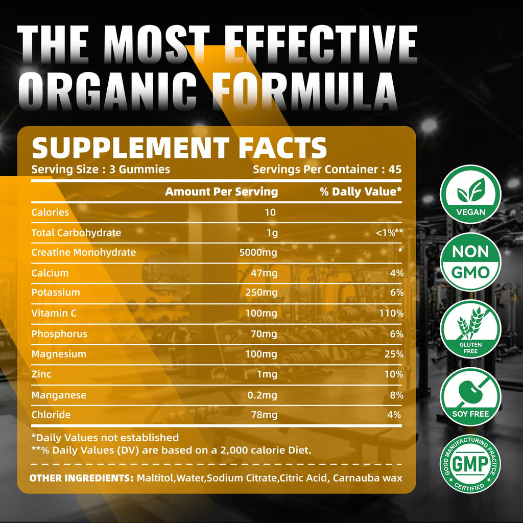 NUTRAGOGO Kreatin-Monohydrat-Gummis für Männer & Frauen – 5g pro Portion – Zuckerfrei, Vegan, Bio-Elektrolyt-Kaubonbons, 135 Stück