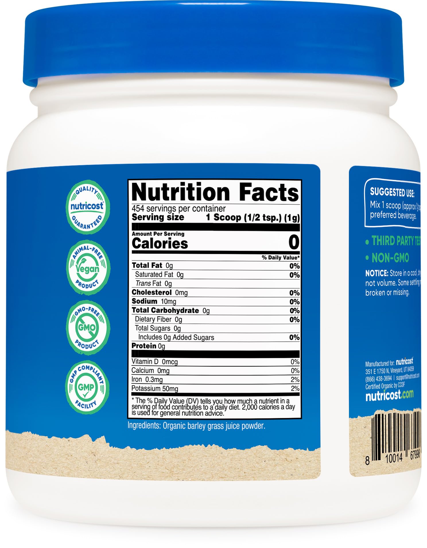 Nutricost Bio Gerstengras-Saftpulver (454 g) – Ungewürzt, Glutenfrei & Vegan