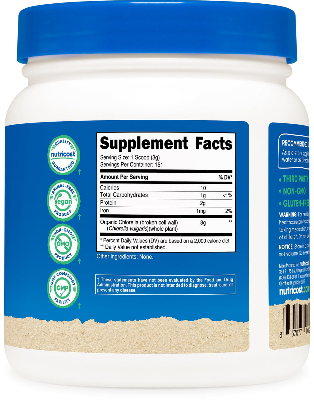 Nutricost Bio Chlorella Pulver 454g (1 Pfund) – 3g pro Portion | gentechnikfrei, glutenfrei, von Dritten getestet
