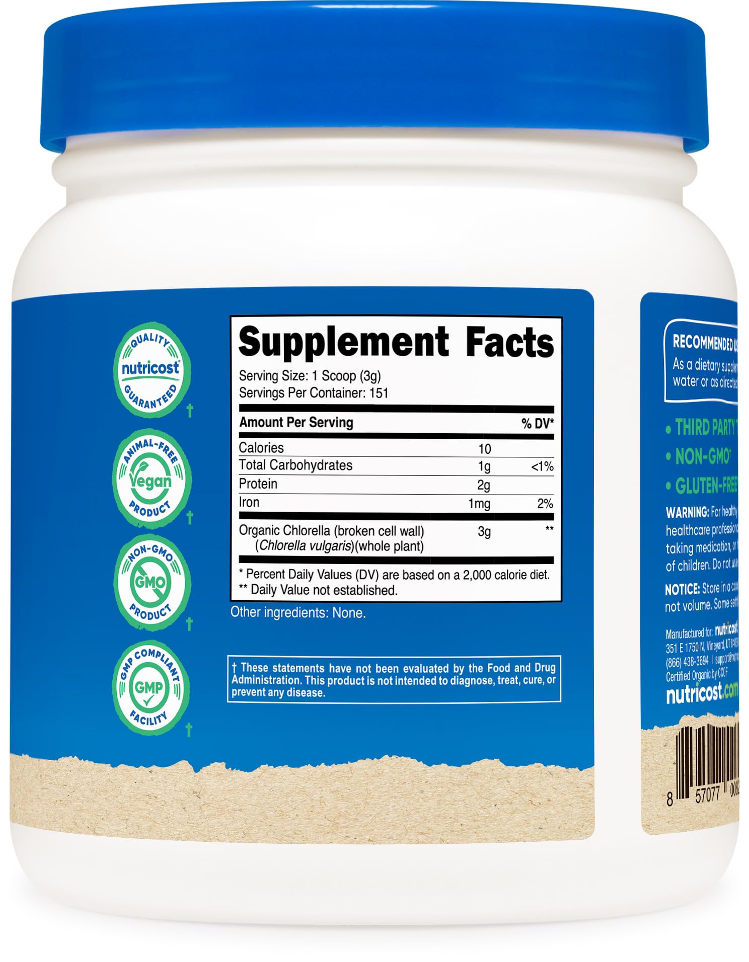 Nutricost Bio Chlorella Pulver 454g (1 Pfund) – 3g pro Portion | gentechnikfrei, glutenfrei, von Dritten getestet