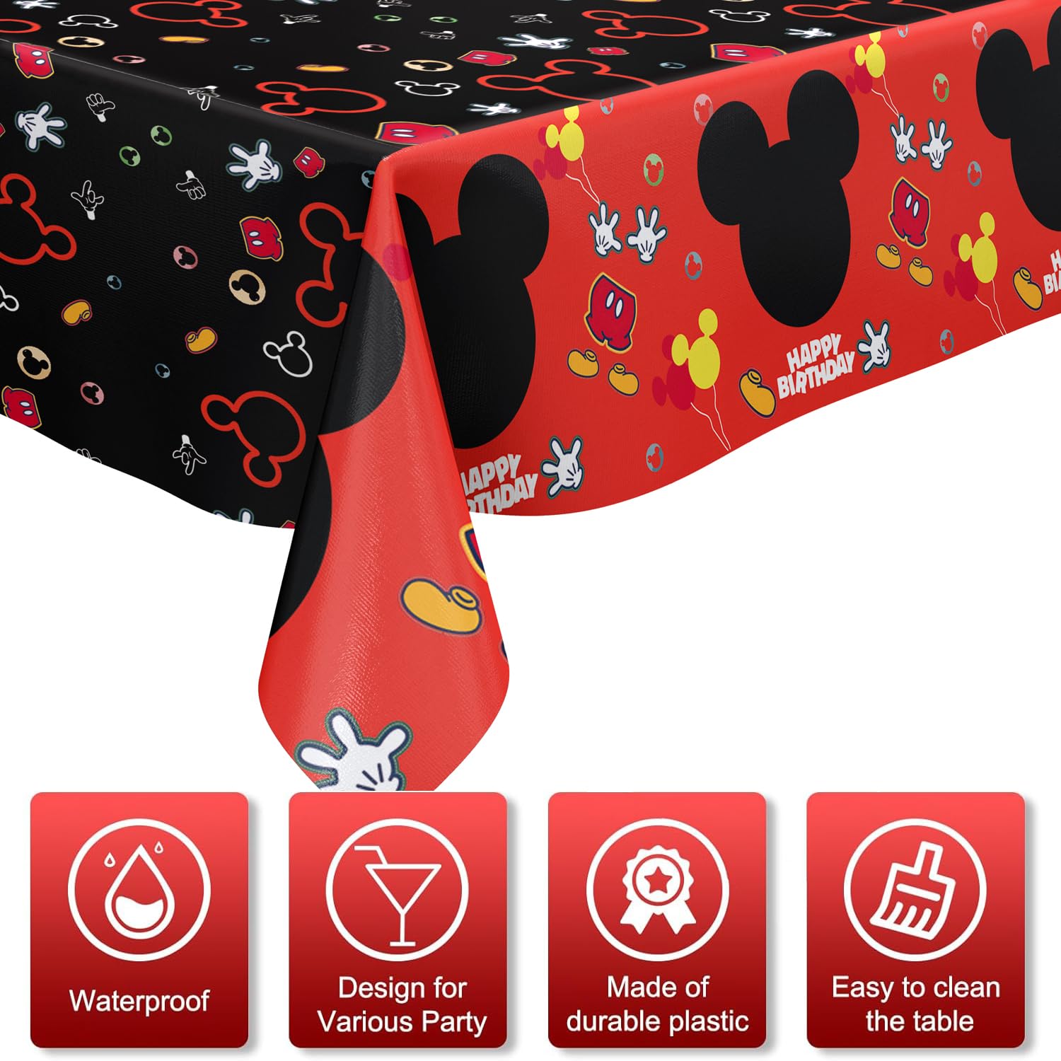 Nyhpar 3PCS Mouse Party Tablecloth – 86.6×51.2 in Black & Red Disposable Table Covers for Kids Birthday Parties