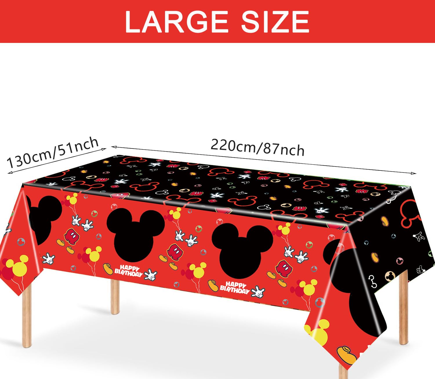 Nyhpar 3PCS Mouse Party Tablecloth – 86.6×51.2 in Black & Red Disposable Table Covers for Kids Birthday Parties