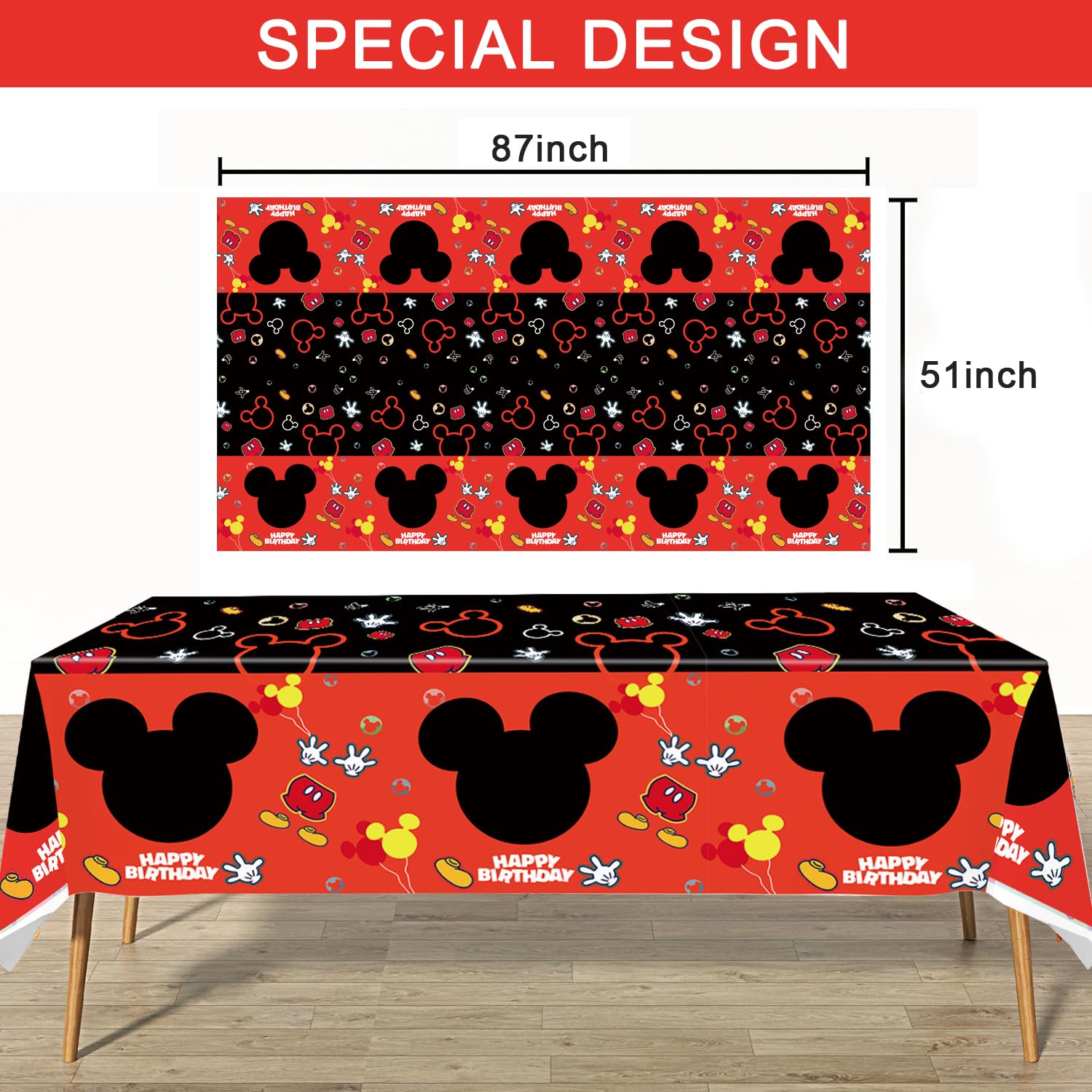 Nyhpar 3PCS Mouse Party Tablecloth – 86.6×51.2 in Black & Red Disposable Table Covers for Kids Birthday Parties