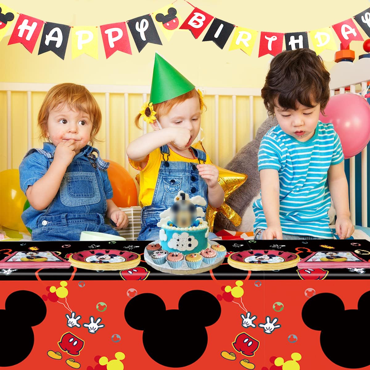 Nyhpar 3PCS Mouse Party Tablecloth – 86.6×51.2 in Black & Red Disposable Table Covers for Kids Birthday Parties