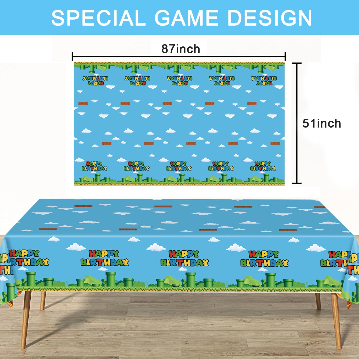 Nyhpar 3Pcs Video Game Tablecloths – Super Bros Disposable Covers 86.6 x 51.2 in