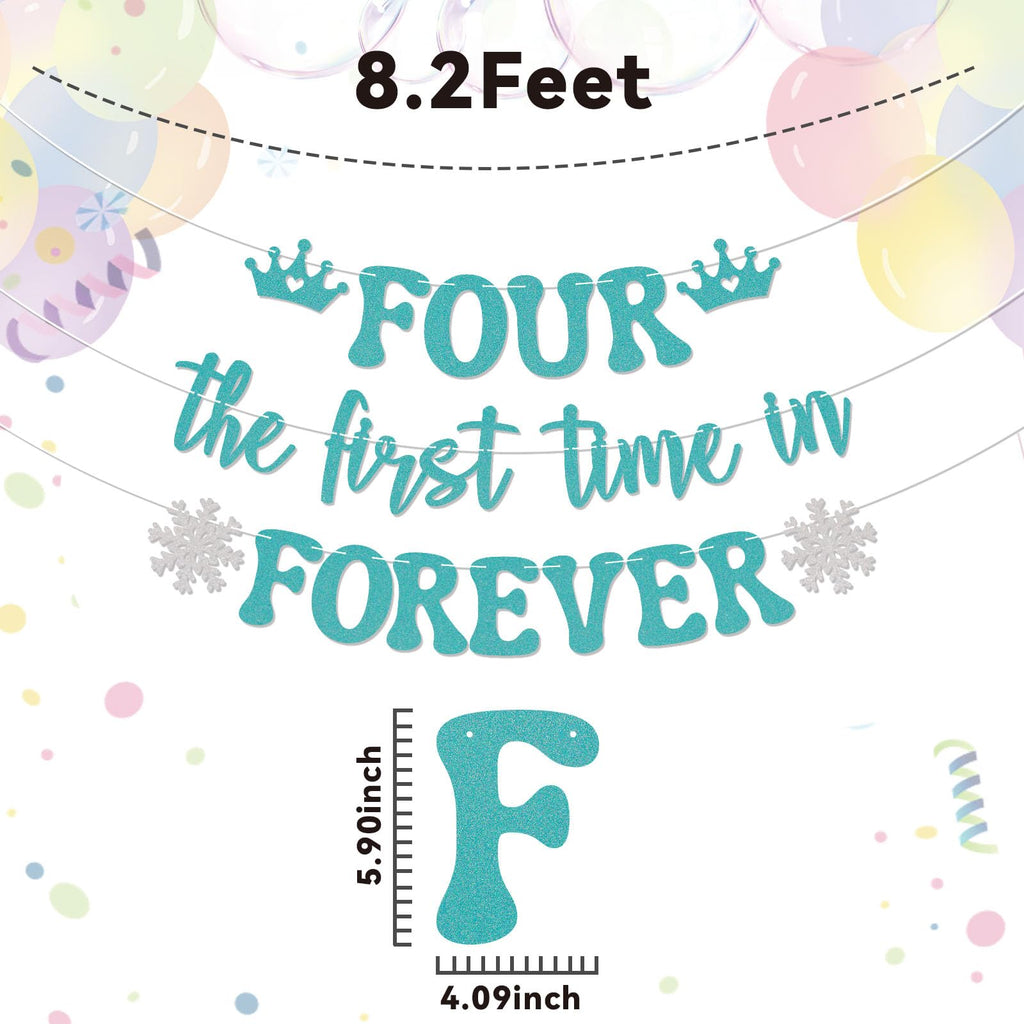 Nyvvira Four the First Time in Forever Banner - Snowflake Birthday Decor (Blue Glitter)