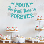 Nyvvira Four the First Time in Forever Banner - Snowflake Birthday Decor (Blue Glitter)