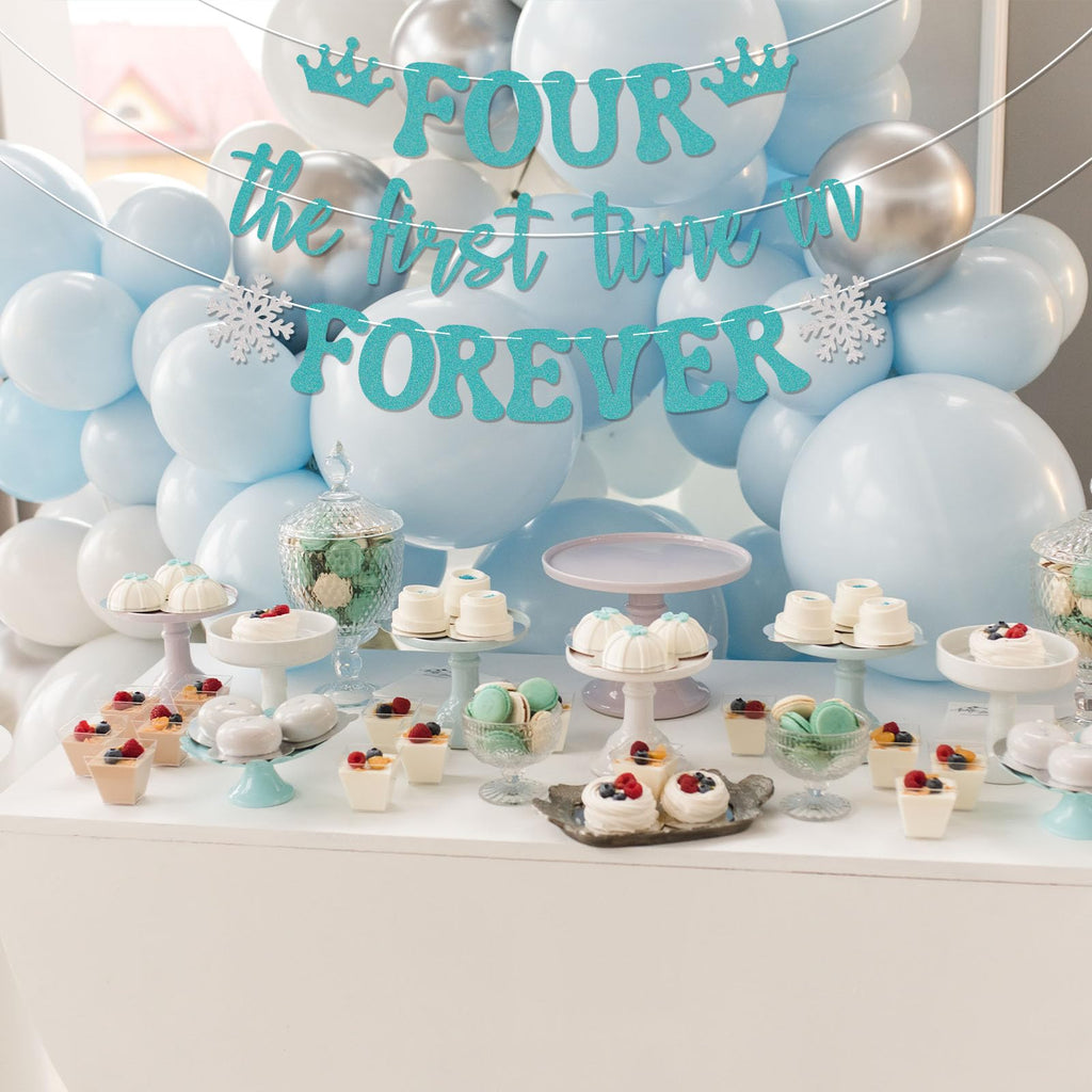 Nyvvira Four the First Time in Forever Banner - Snowflake Birthday Decor (Blue Glitter)