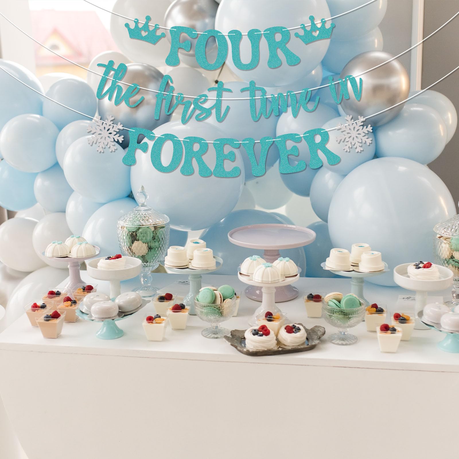 Nyvvira Four the First Time in Forever Banner - Snowflake Birthday Decor (Blue Glitter)