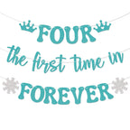 Nyvvira Four the First Time in Forever Banner - Snowflake Birthday Decor (Blue Glitter)