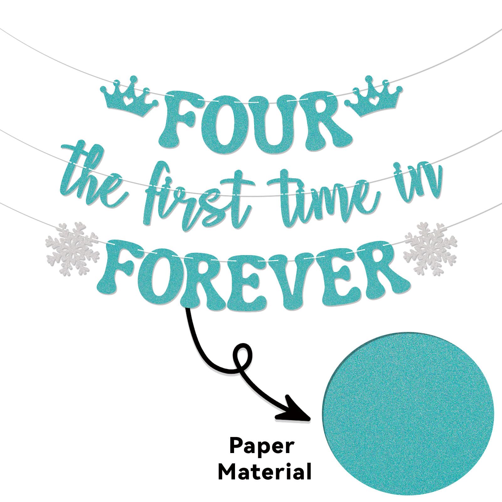 Nyvvira Four the First Time in Forever Banner - Snowflake Birthday Decor (Blue Glitter)