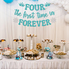 Nyvvira Four the First Time in Forever Banner - Snowflake Birthday Decor (Blue Glitter)