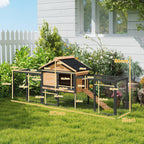 PawHut Wooden Rabbit Hutch Outdoor with Steel Run, Wooden Guinea Pig Cage with Removable Plastic Tray, Asphalt Roof, Ramp