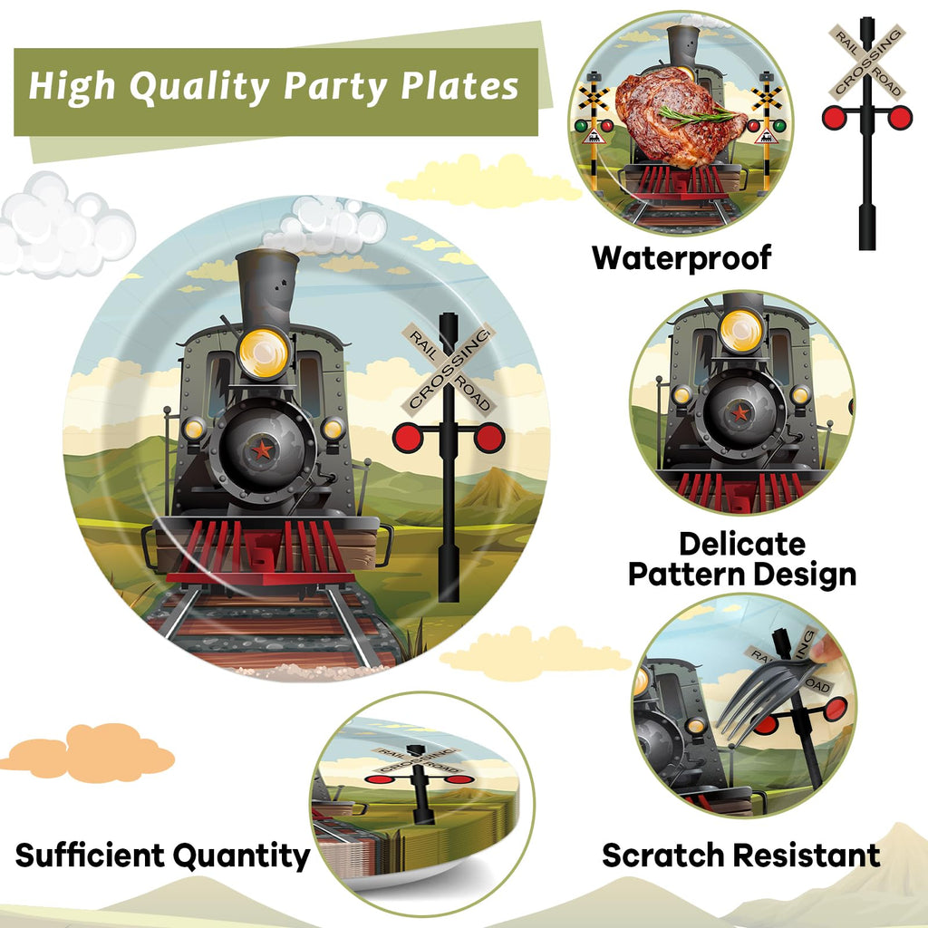 OBUSATT 96 Pcs Train Party Supplies – Steam Train Plates, Napkins & Forks Set for Baby Showers & Birthdays