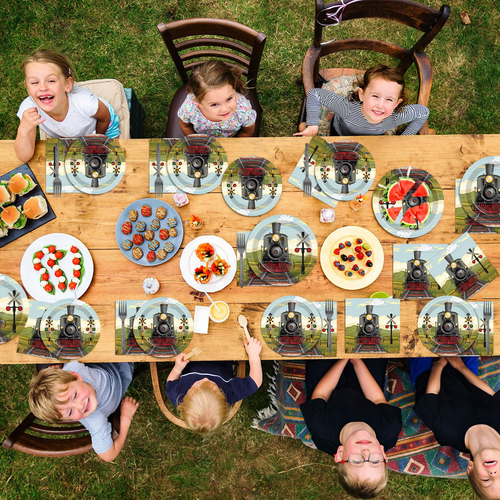 OBUSATT 96 Pcs Train Party Supplies – Steam Train Plates, Napkins & Forks Set for Baby Showers & Birthdays