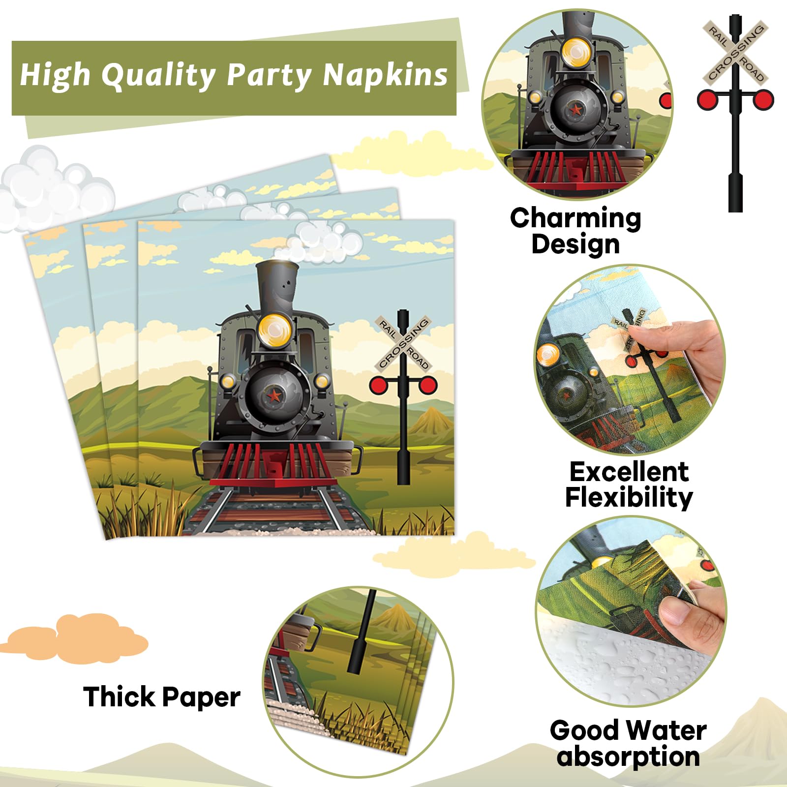 OBUSATT 96 Pcs Train Party Supplies – Steam Train Plates, Napkins & Forks Set for Baby Showers & Birthdays