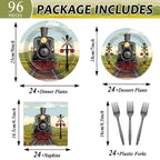 OBUSATT 96 Pcs Train Party Supplies – Steam Train Plates, Napkins & Forks Set for Baby Showers & Birthdays
