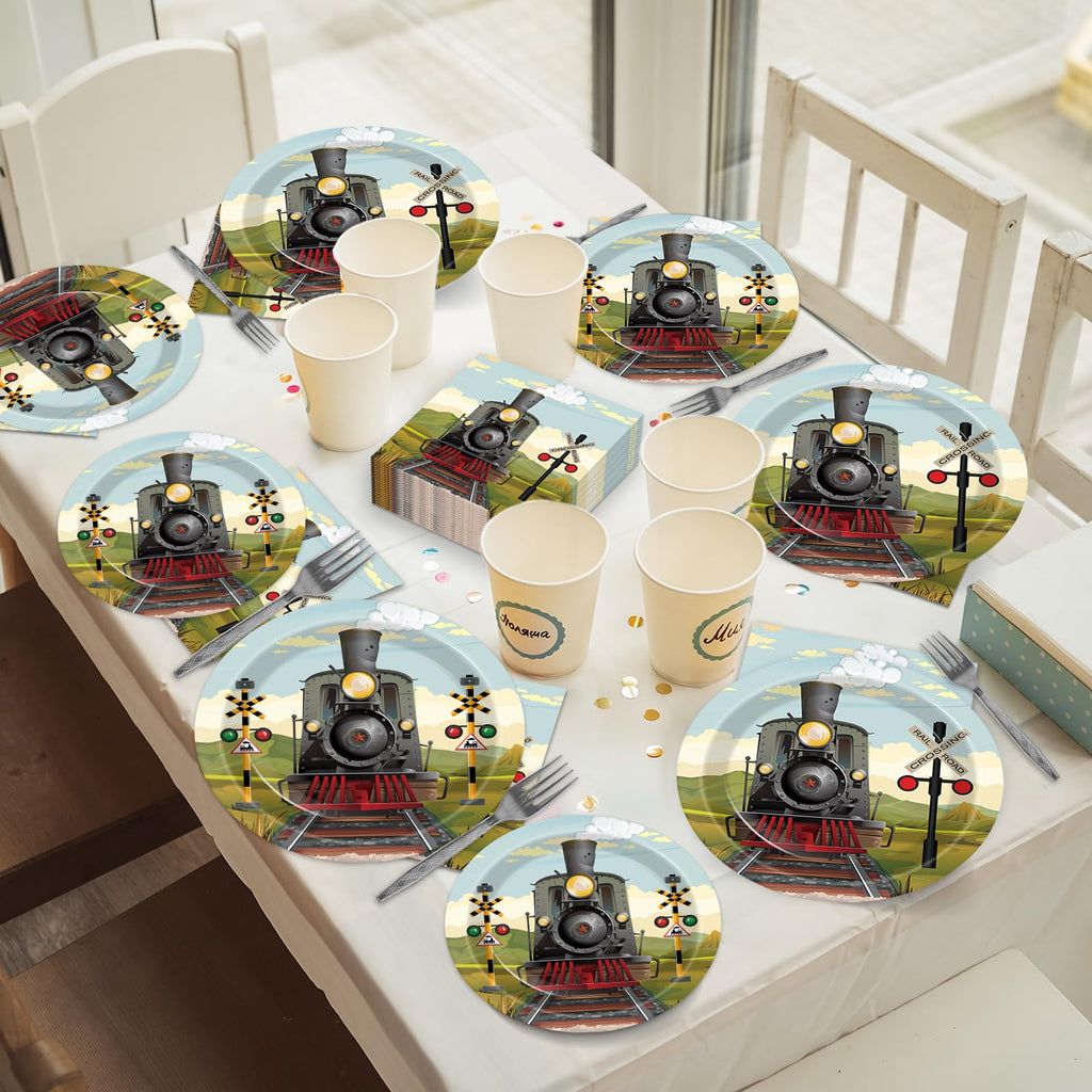 OBUSATT 96 Pcs Train Party Supplies – Steam Train Plates, Napkins & Forks Set for Baby Showers & Birthdays