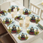 OBUSATT 96 Pcs Train Party Supplies – Steam Train Plates, Napkins & Forks Set for Baby Showers & Birthdays