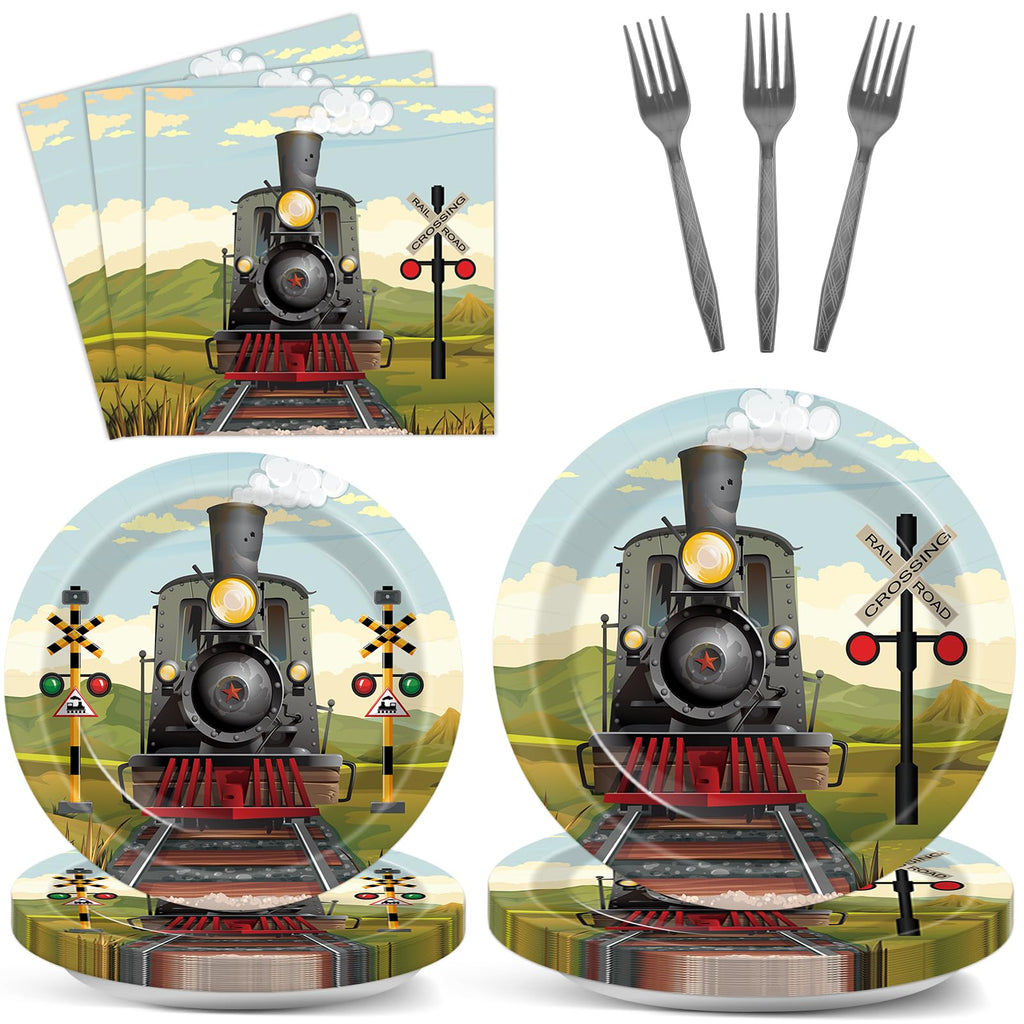 OBUSATT 96 Pcs Train Party Supplies – Steam Train Plates, Napkins & Forks Set for Baby Showers & Birthdays