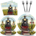 OBUSATT 96 Pcs Train Party Supplies – Steam Train Plates, Napkins & Forks Set for Baby Showers & Birthdays