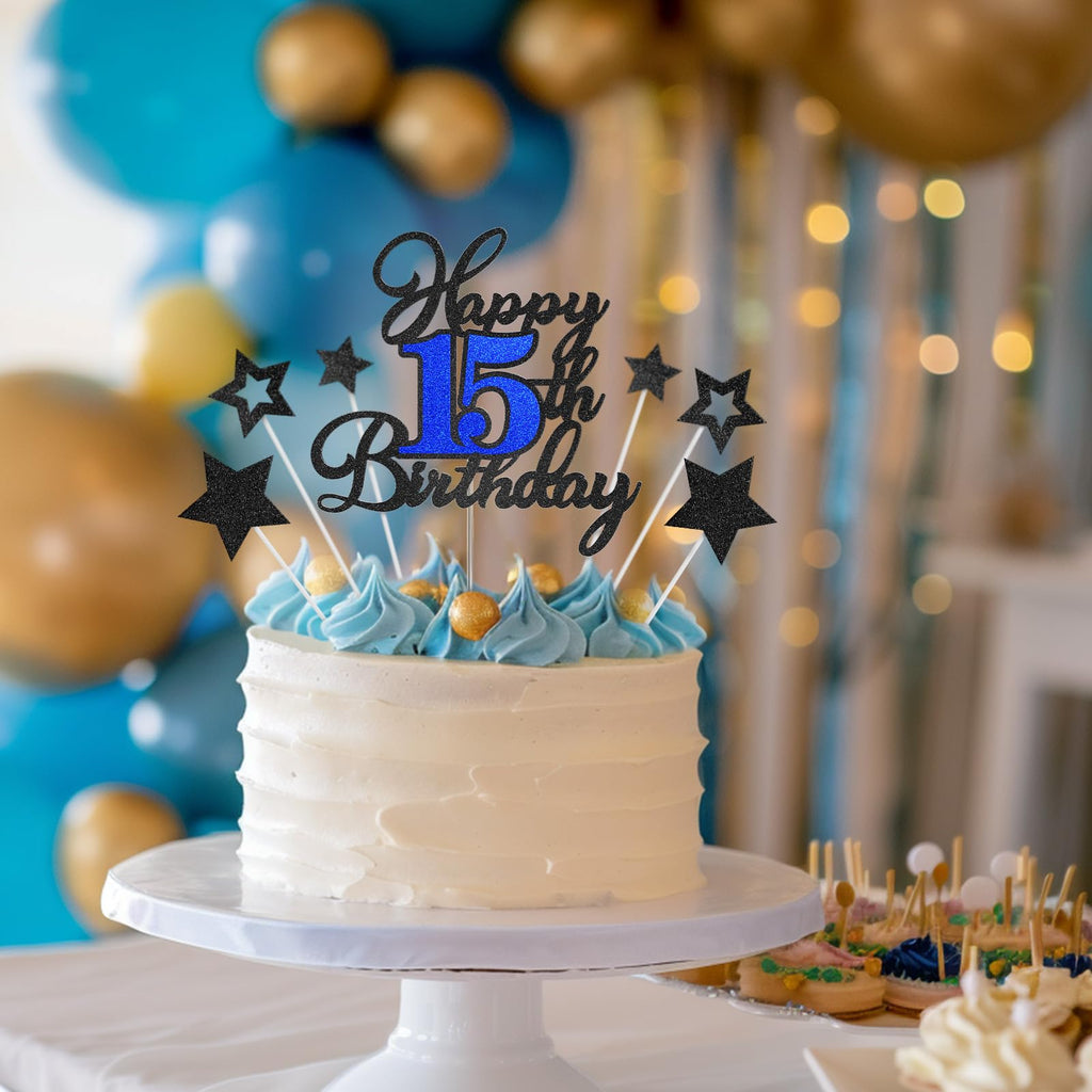 OffiCreative Happy 15th Birthday Cake Topper – Black Blue Glitter Decoration Set