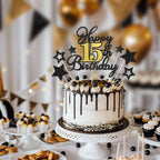 OffiCreative Happy 15th Birthday Cake Topper – Black Gold Glitter Decoration Set