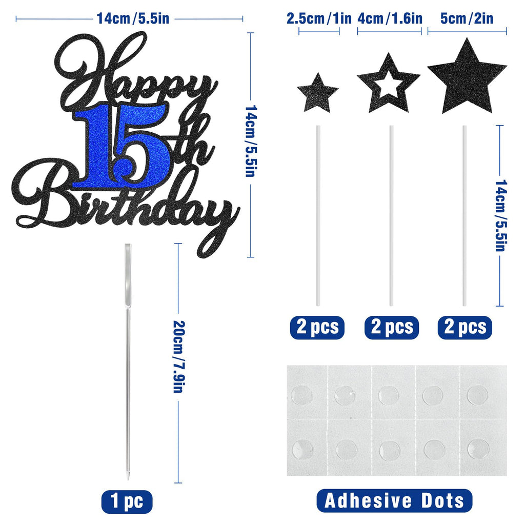OffiCreative Happy 15th Birthday Cake Topper – Black Blue Glitter Decoration Set