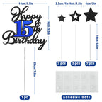 OffiCreative Happy 15th Birthday Cake Topper – Black Blue Glitter Decoration Set