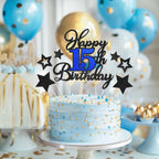 OffiCreative Happy 15th Birthday Cake Topper – Black Blue Glitter Decoration Set