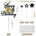 OffiCreative Happy 15th Birthday Cake Topper – Black Gold Glitter Decoration Set