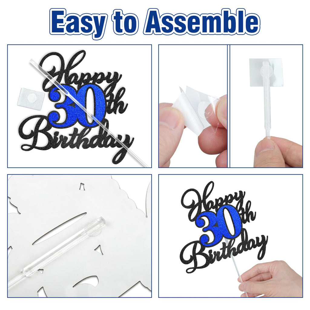 OffiCreative Happy 15th Birthday Cake Topper – Black Blue Glitter Decoration Set