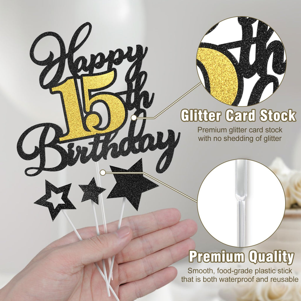 OffiCreative Happy 15th Birthday Cake Topper – Black Gold Glitter Decoration Set