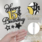 OffiCreative Happy 15th Birthday Cake Topper – Black Gold Glitter Decoration Set