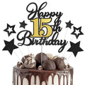 OffiCreative Happy 15th Birthday Cake Topper – Black Gold Glitter Decoration Set