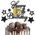 OffiCreative Happy 15th Birthday Cake Topper – Black Gold Glitter Decoration Set