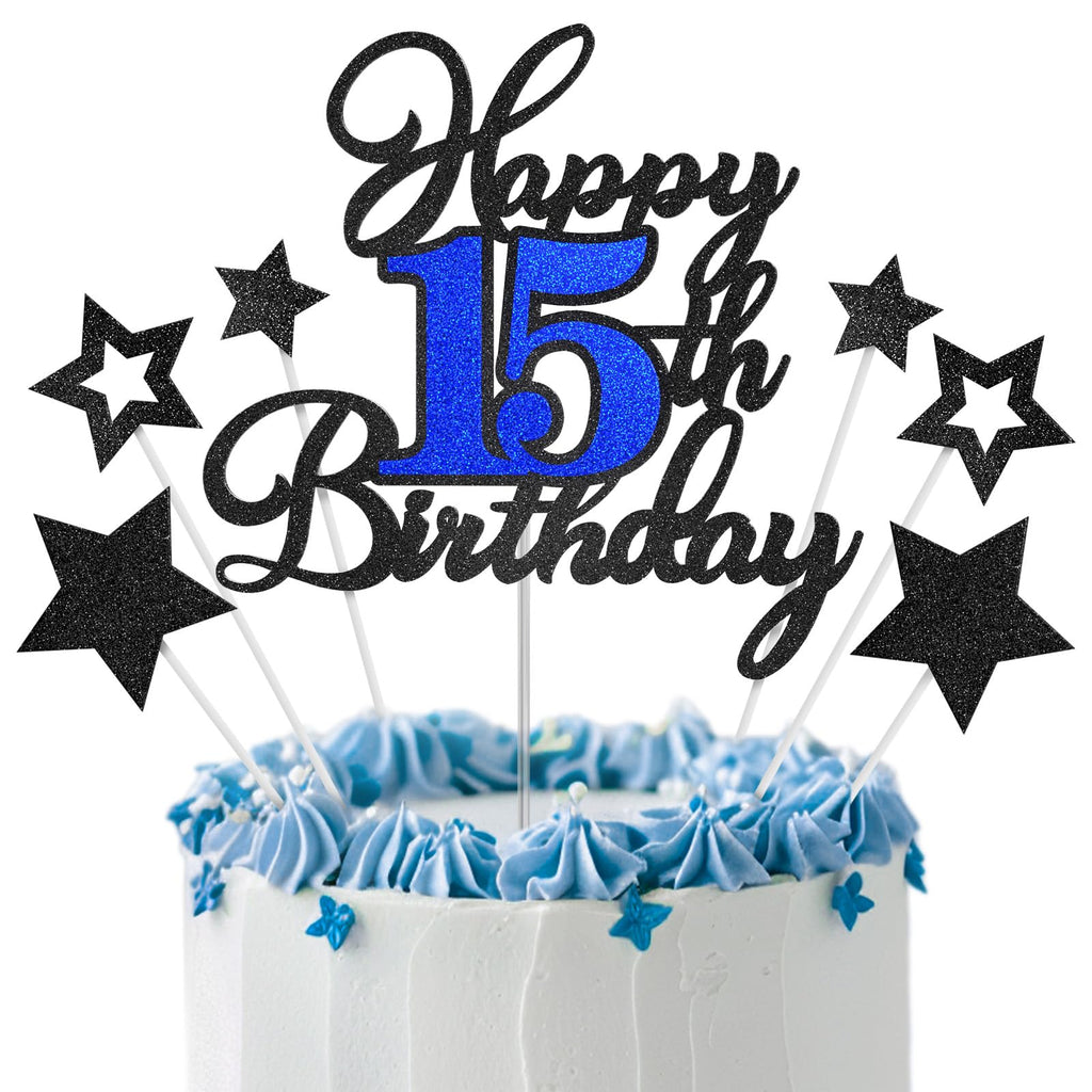 OffiCreative Happy 15th Birthday Cake Topper – Black Blue Glitter Decoration Set