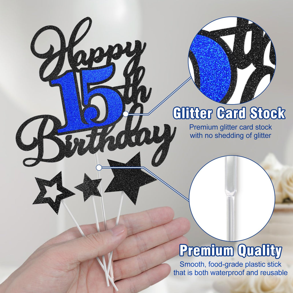 OffiCreative Happy 15th Birthday Cake Topper – Black Blue Glitter Decoration Set