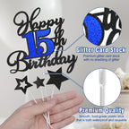 OffiCreative Happy 15th Birthday Cake Topper – Black Blue Glitter Decoration Set