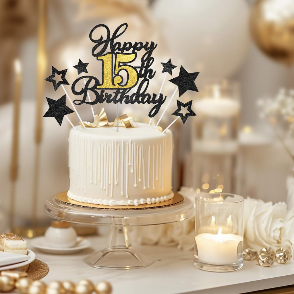 OffiCreative Happy 15th Birthday Cake Topper – Black Gold Glitter Decoration Set