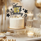 OffiCreative Happy 15th Birthday Cake Topper – Black Gold Glitter Decoration Set