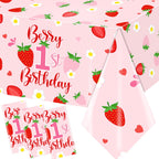 OGMOGKW Berry First Birthday Tablecloth Set – 3pc Strawberry Theme for Girl Baby Shower