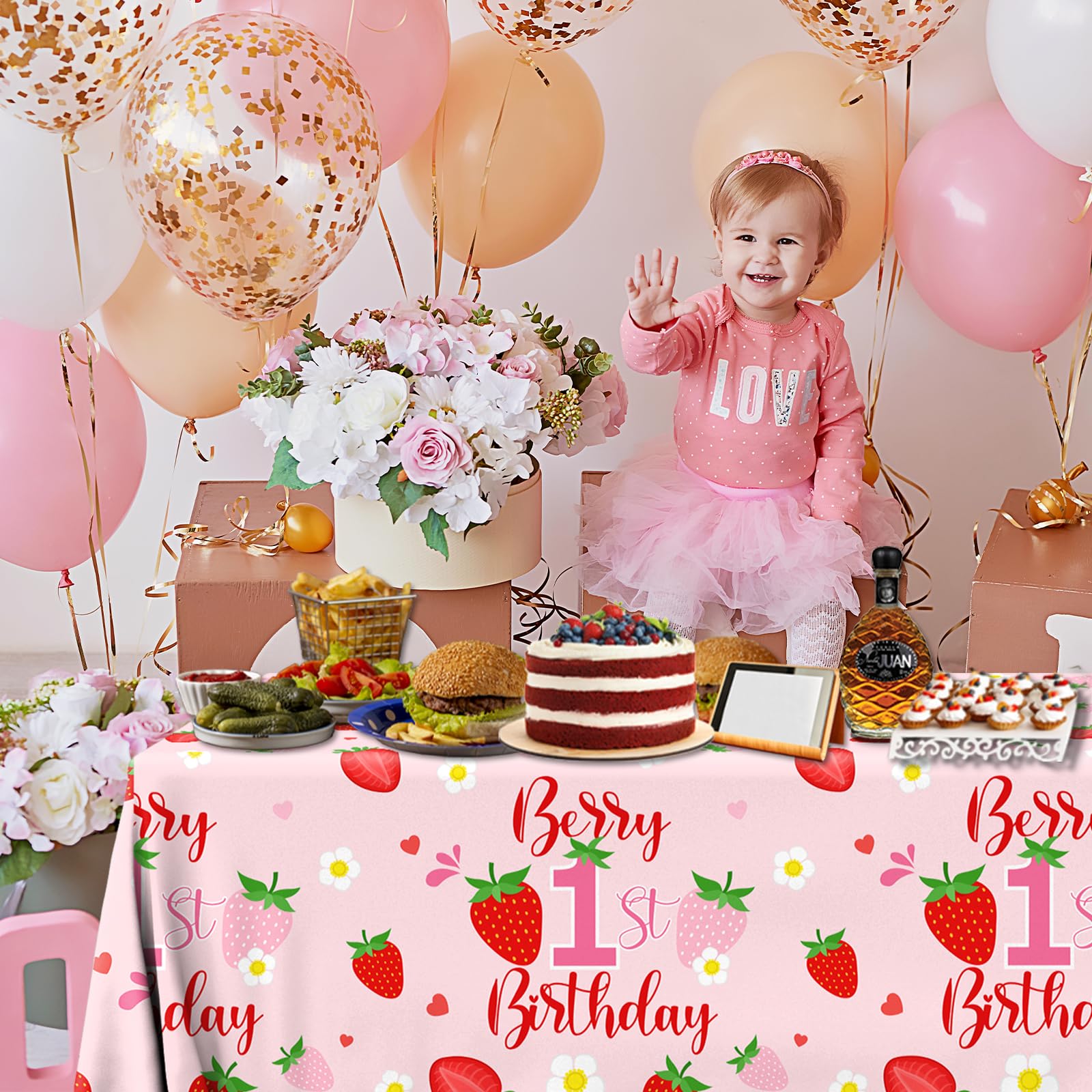 OGMOGKW Berry First Birthday Tablecloth Set – 3pc Strawberry Theme for Girl Baby Shower