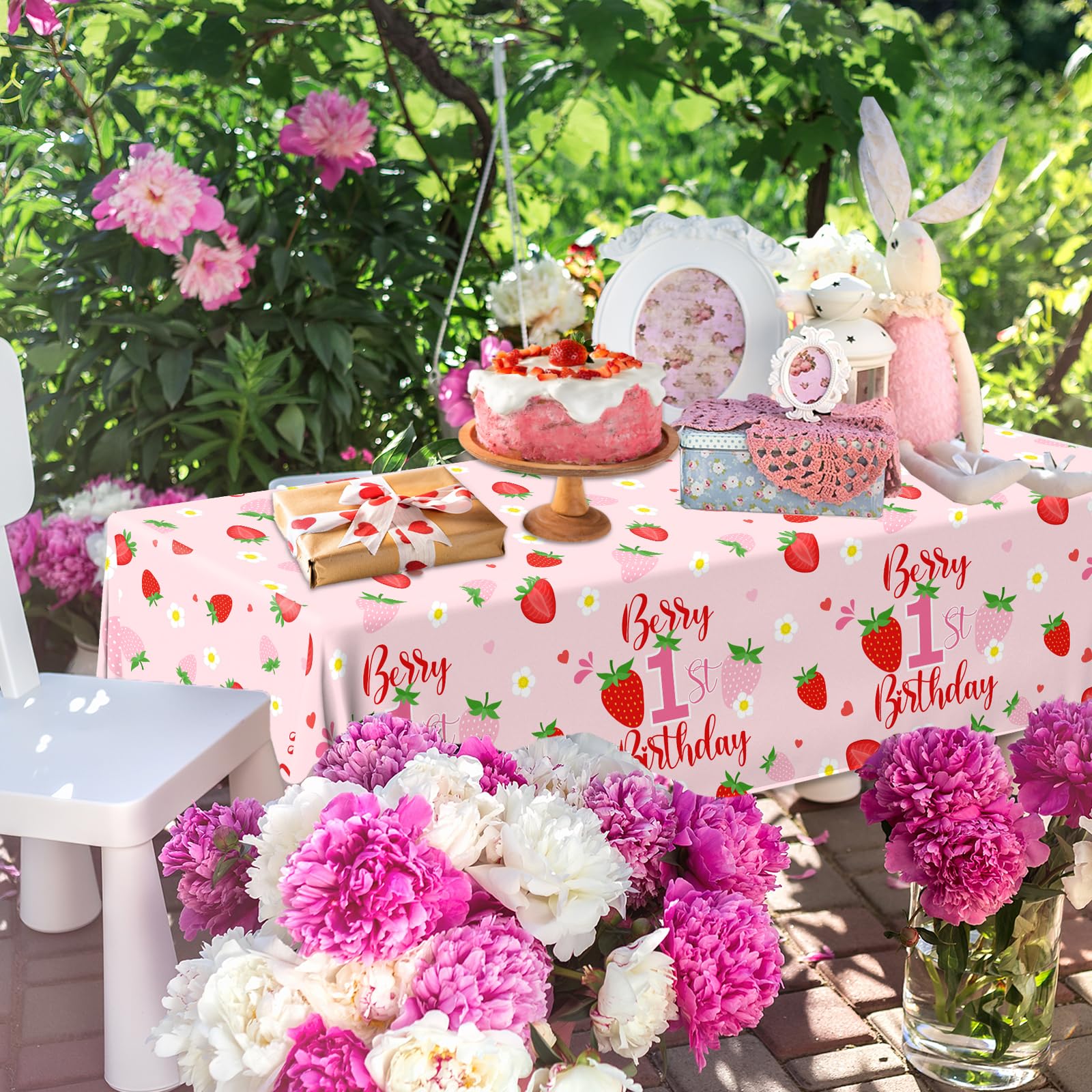OGMOGKW Berry First Birthday Tablecloth Set – 3pc Strawberry Theme for Girl Baby Shower