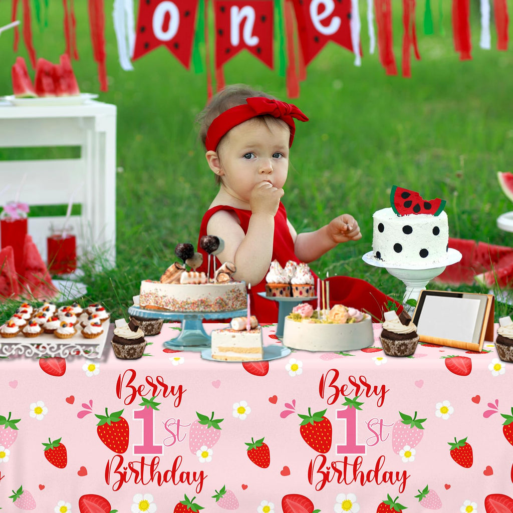 OGMOGKW Berry First Birthday Tablecloth Set – 3pc Strawberry Theme for Girl Baby Shower