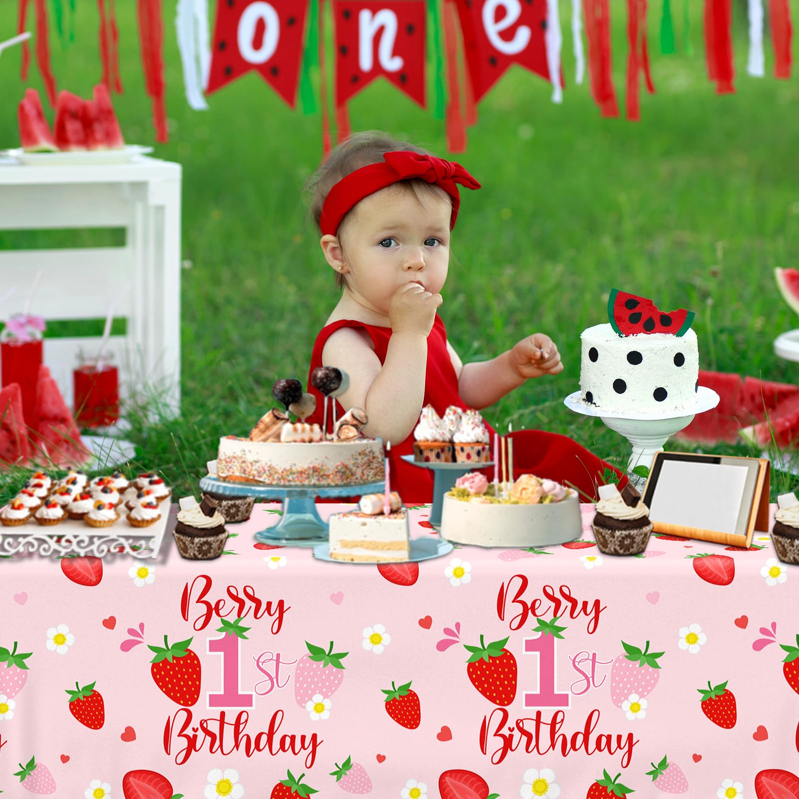 OGMOGKW Berry First Birthday Tablecloth Set – 3pc Strawberry Theme for Girl Baby Shower