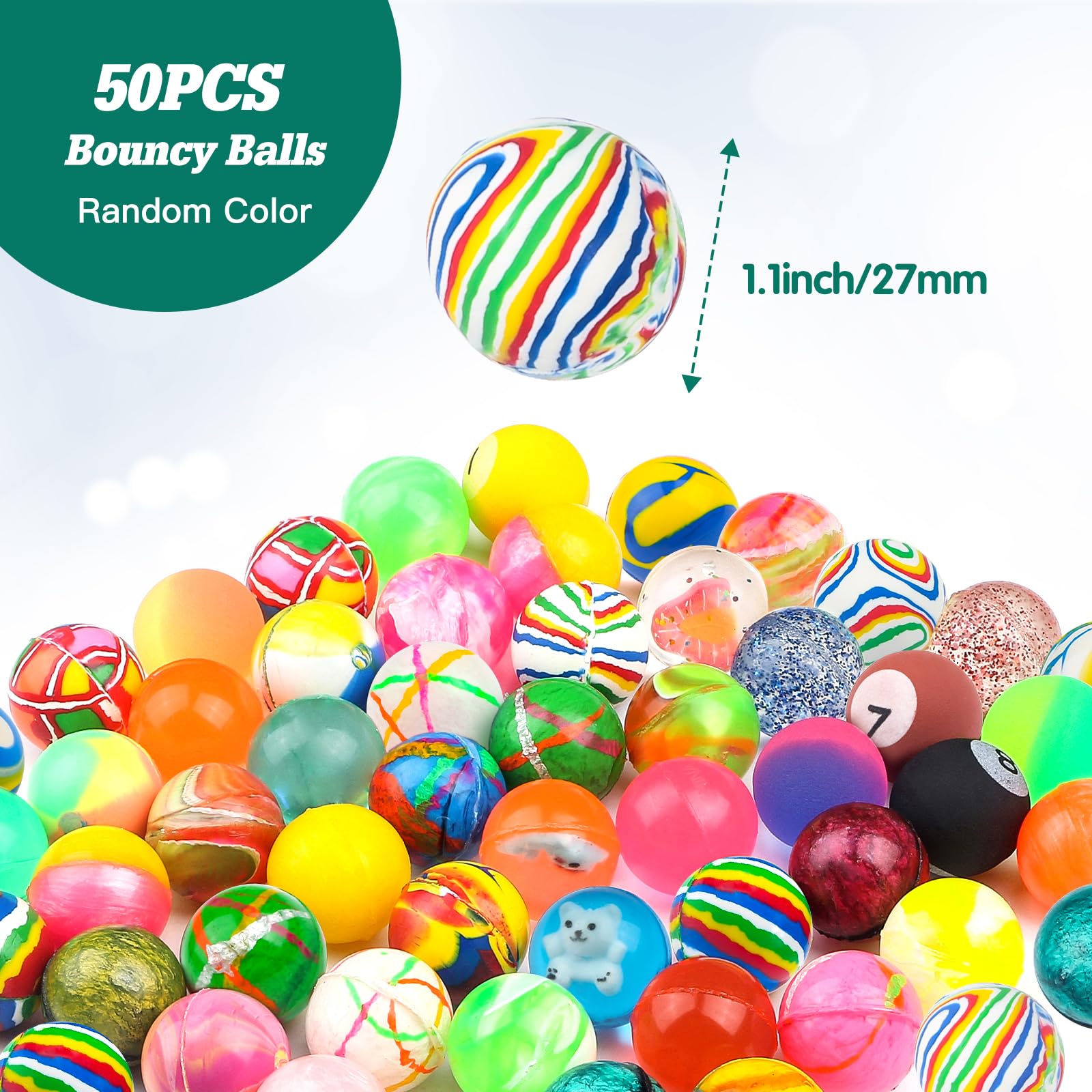 Ohanniewa 50 Pieces 27 mm Mixed Pattern Colorful Bouncy Balls – Kids Party Favors & Classroom Prizes