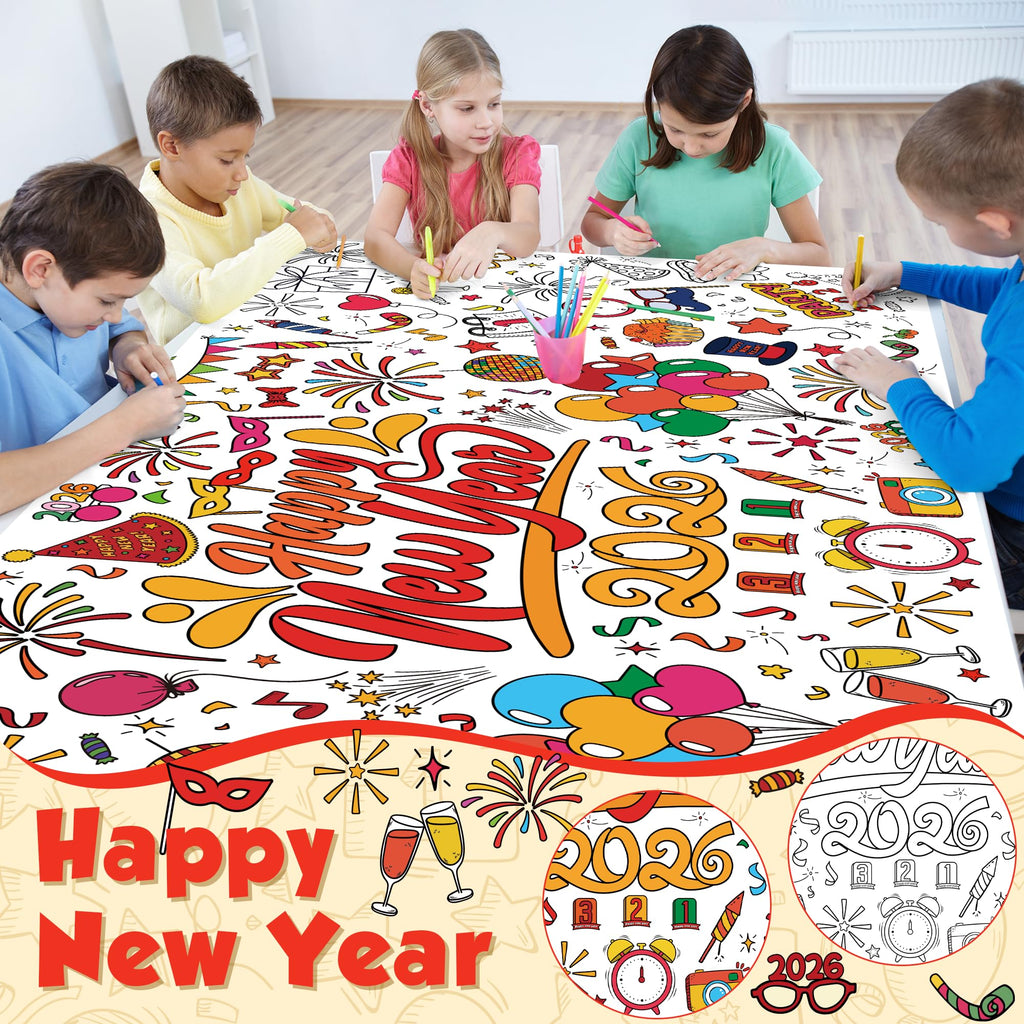 OHOME Happy New Year Giant Coloring Poster/Tablecloth – 30x72in for 2026 New Year Party & Kids Activities