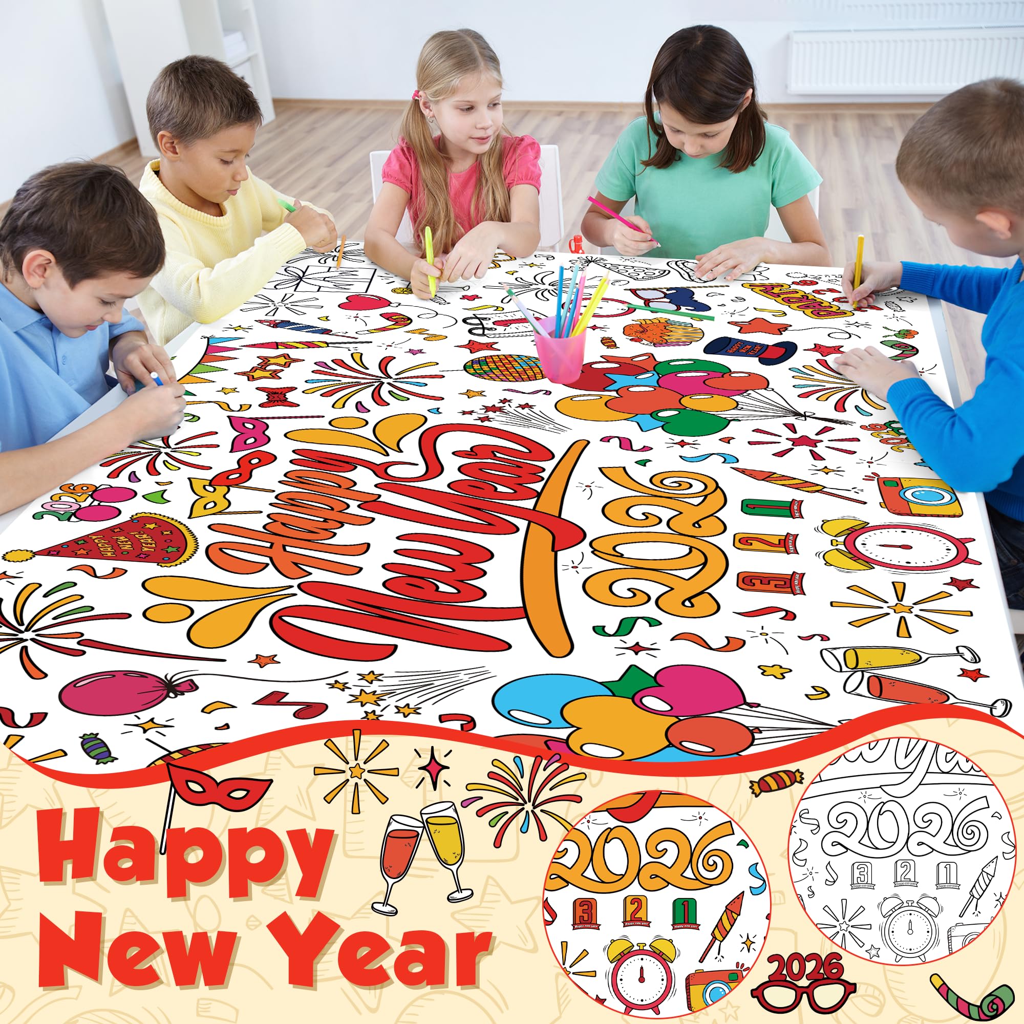 OHOME Happy New Year Giant Coloring Poster/Tablecloth – 30x72in for 2026 New Year Party & Kids Activities