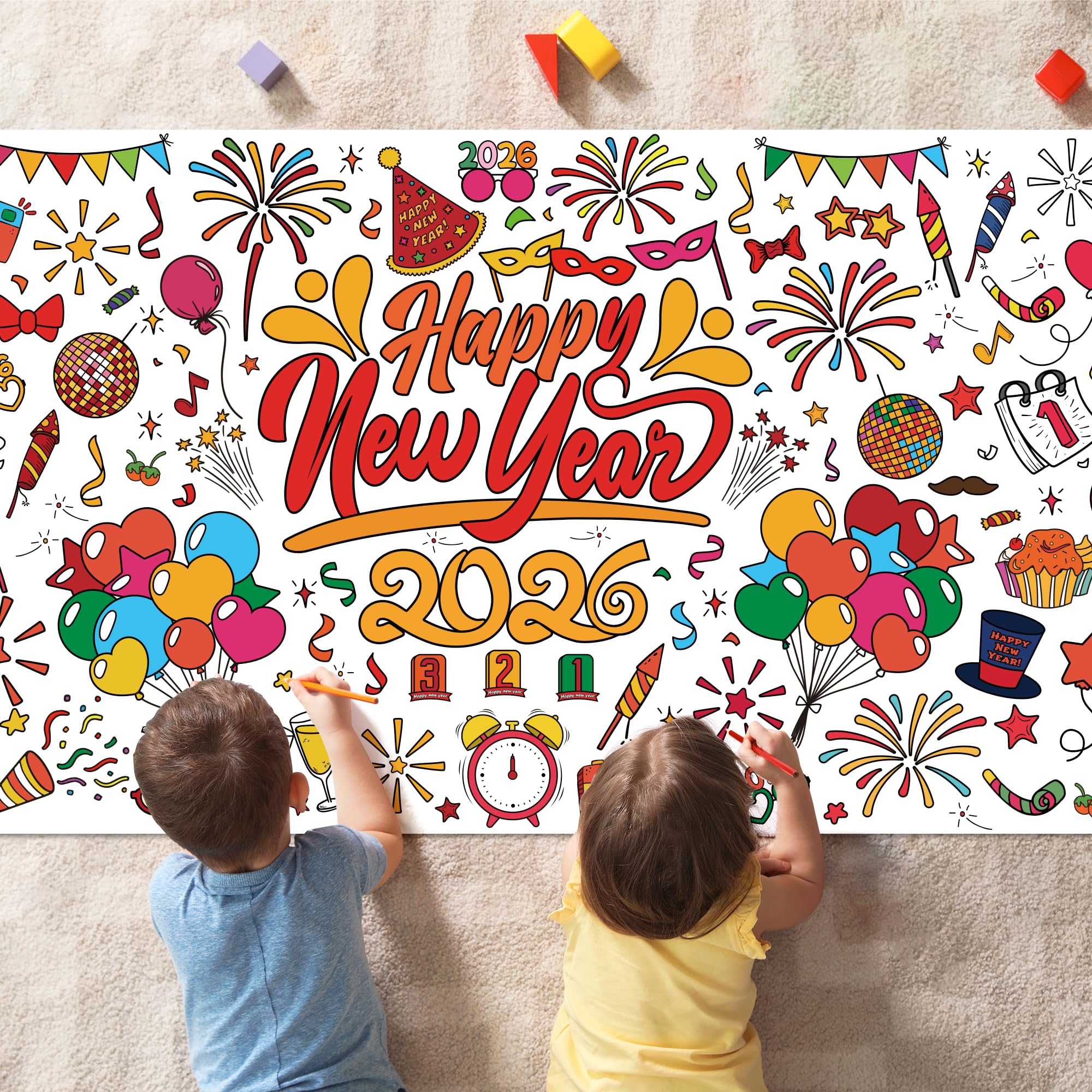OHOME Happy New Year Giant Coloring Poster/Tablecloth – 30x72in for 2026 New Year Party & Kids Activities